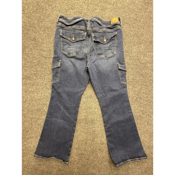 American Eagle Jeans Womens 18 Blue Kick Boot Denim Flap Pockets Dark Stretch - Picture 3 of 10